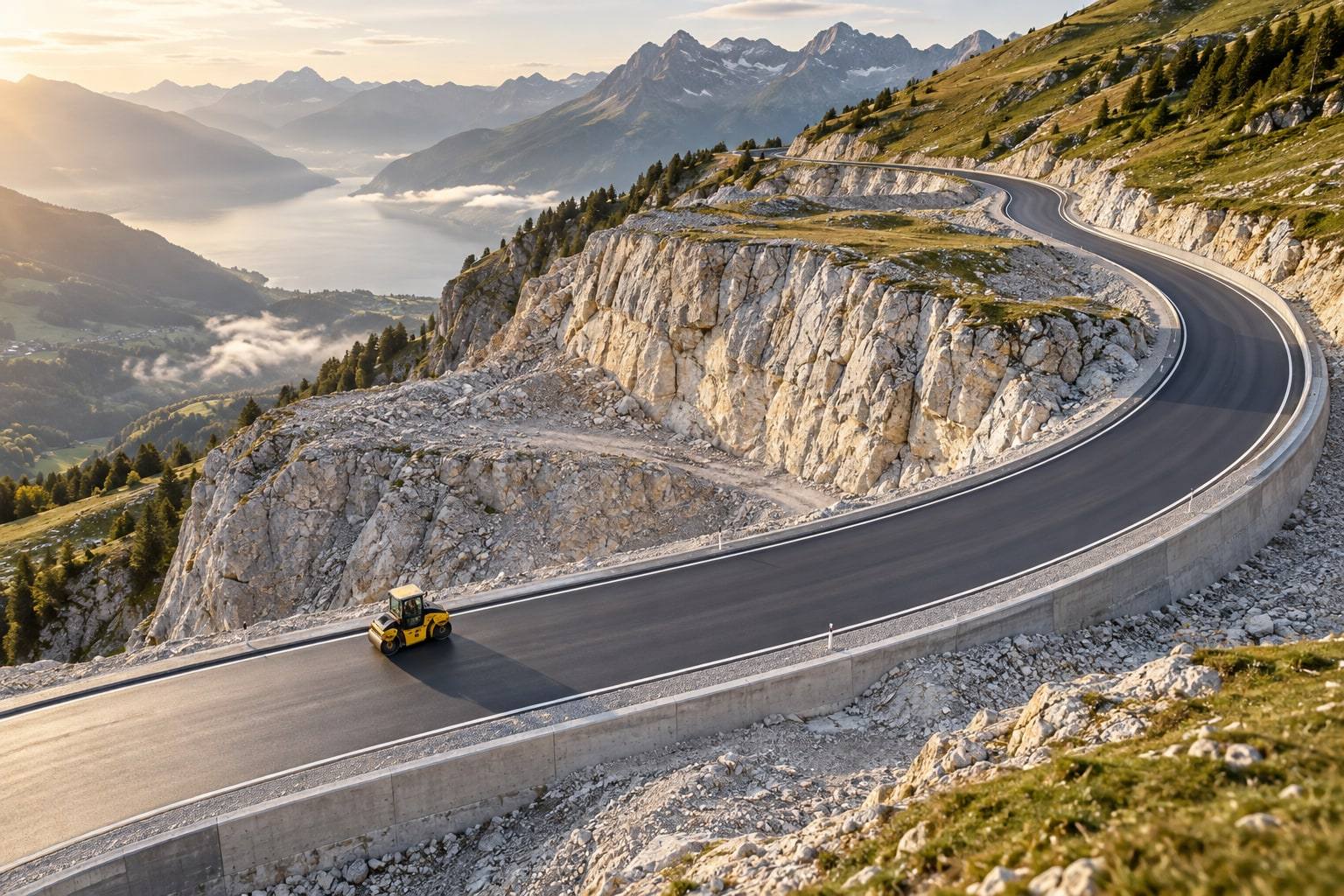 Illustration générée : route de montagne en travaux, un rouleau compresseur sur l'enrobé neuf